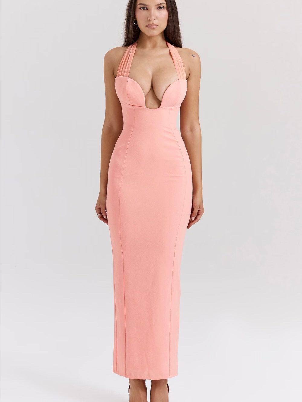 House of CB Peach Halter Plunge Maxi Dress